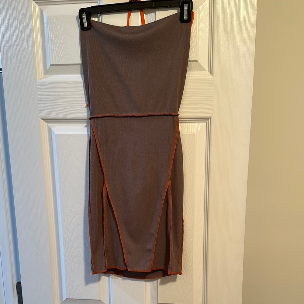 Charcoal Overlock Stitch Lace Up Back Bodycon Dress